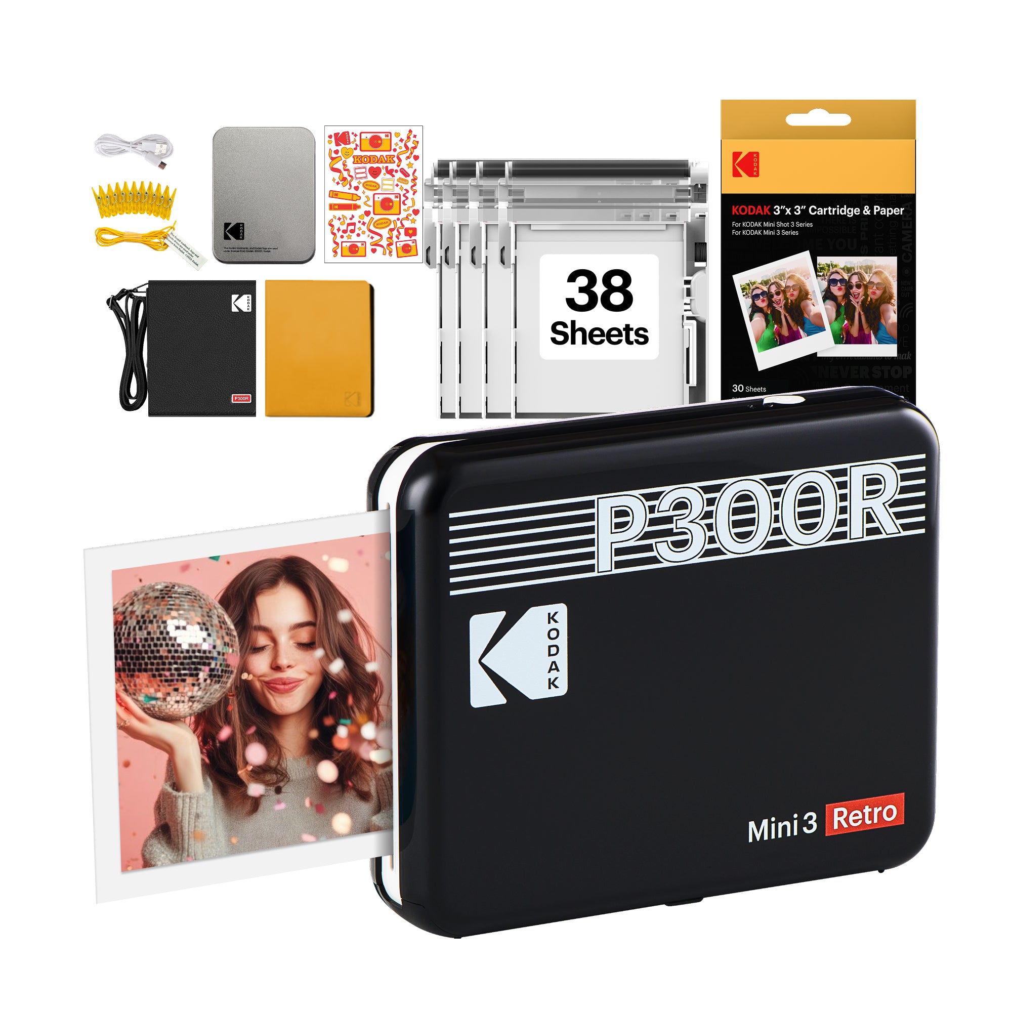 KODAK Mini 3 Retro 3x3 Inch P300R 38 Sheet Gift Bundle